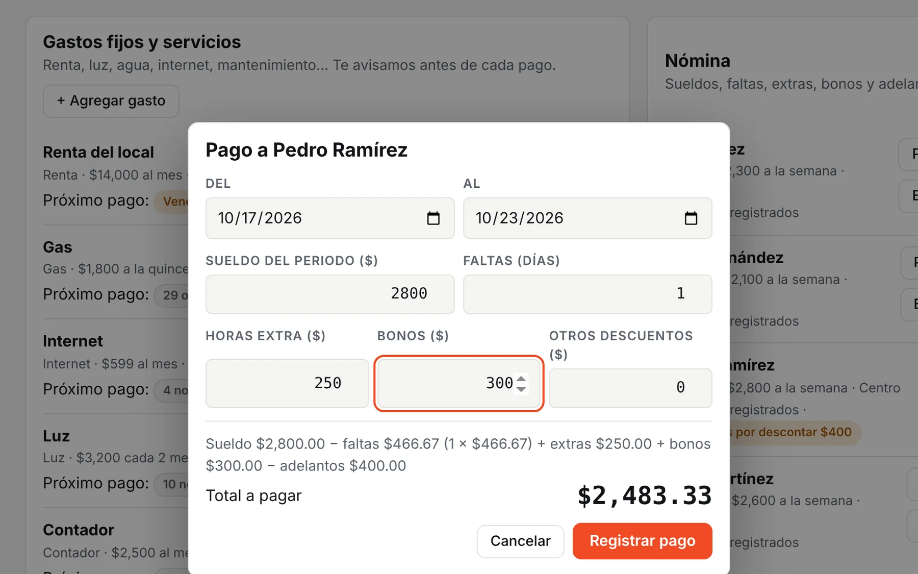 Pago de nómina en Insumetrix con faltas, horas extra, bonos y adelantos
